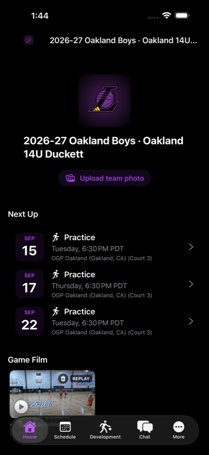 A Lakeshow team's home screen with Next Up and game film