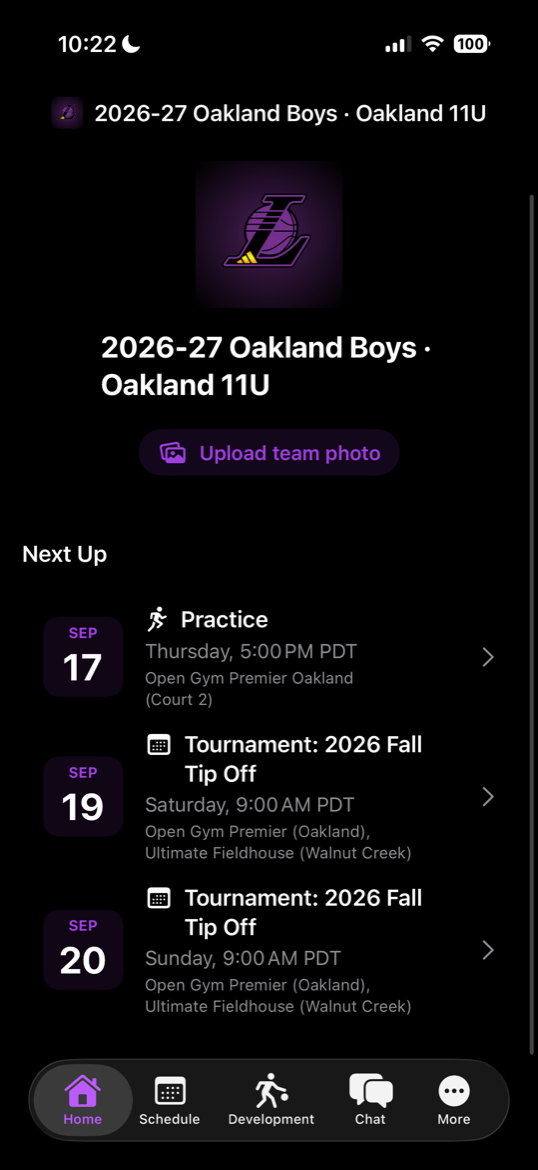 Next Up showing a practice and two tournament days