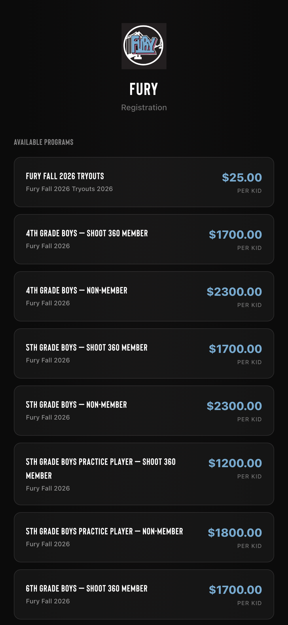 Fury's registration page listing each team with its price per kid